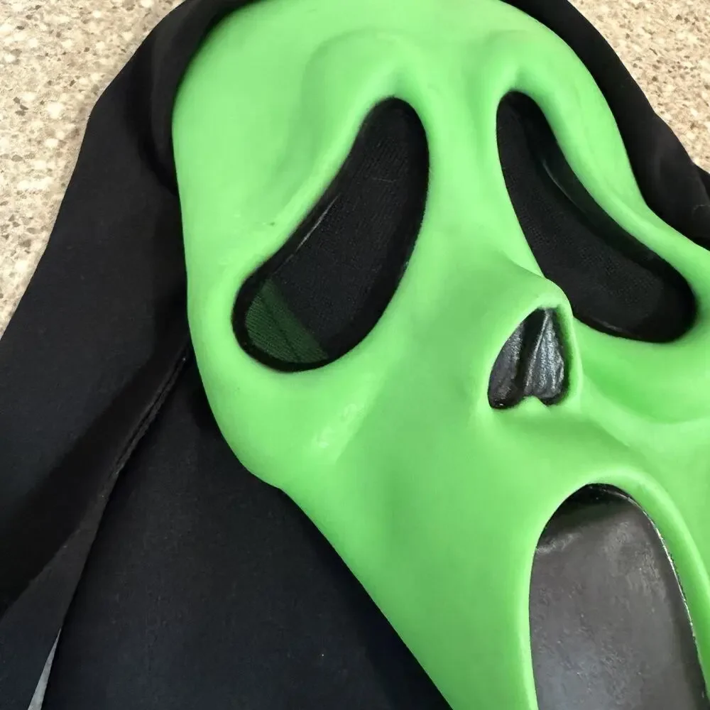 Vintage Easter Unlimited Ghost Face Scream Neon Green Mask Hood Halloween EUC